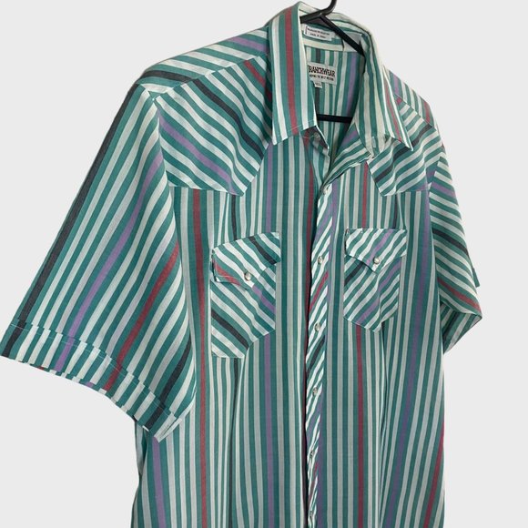 Vintage Ranchwear Western Pearl Snap Shirt Mens 16 1/2 Green Stripe Short Sleeve - Picture 4 of 12